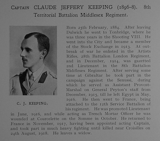 Keeping C J Captain 8th Middlesex Regiment Obit Dulwich College Roll Of Honour
