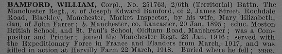 Bamford W Cpl 251763 6th Manchester Regiment Obit De Ruvignys Roll Of Honour Vol 4