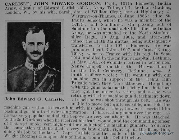 Carlisle J E G Captain 107th Indian Pioneers Indian Army Obituary De Ruvignys Roll Of Honour Vol 1
