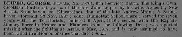Leiper G Pte 19701 6th Kings Own Scottish Borderers Obit De Ruvignys Roll Of Honour Vol 4
