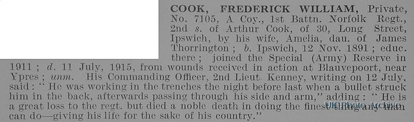 Cook F W Pte 7105 1st Norfolk Regiment Obit De Ruvignys Roll Of Honour Vol 1