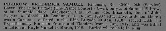Pilbrow F S Rfn 30406 9th Rifle Brigade Short Obit De Ruvignys Roll Of Honour Vol 4