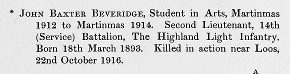 Beveridge J B 2nd Lt 14th Highland Light Infantry Obit