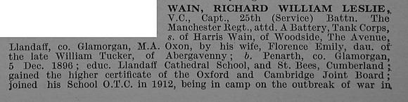 Wain R W L Captain VC 25th Manchester Regiment Attd Tank Corps Obit Part 1 De Ruvignys Roll Of Honour Vol 4