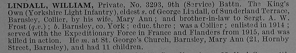 Lindall W Pte 3293 9th Kings Own Yorkshire Light Infantry Obit De Ruvignys Roll Of Honour Vol 4