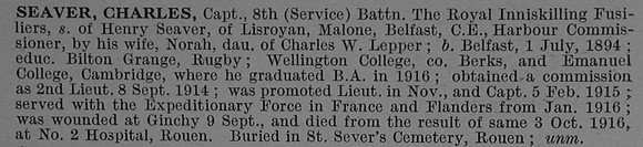 Seaver C Captain 8th Royal Inniskilling Fusiliers Obit De Ruvignys Roll Of Honour Vol 4