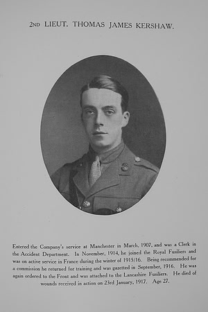 Kershaw T J 2nd Lt 11th Lancashire Fusiliers Northern Assurance Co War Record
