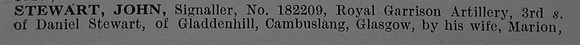 Stewart J Sig 182209 Royal Garrison Artillery Obit Part 1 De Ruvignys Roll Of Honour Vol 4