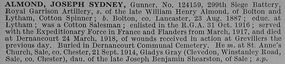 Almond J S Gnr Royal Garrison Artillery Obit De Ruvignys Roll Of Honour Vol 4