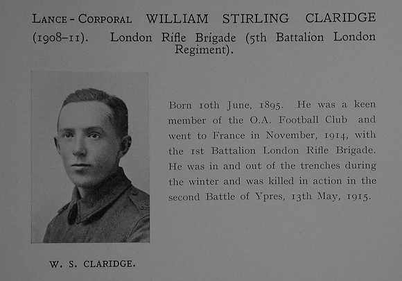 Claridge W S LCpl 5th London Regiment (London Rifle Brigade) Obit Dulwich College Roll Of Honour