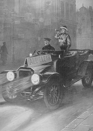 A Special Constables Car Giving The All Clear After A Recent Raid On London With A Boy Scout Bugler