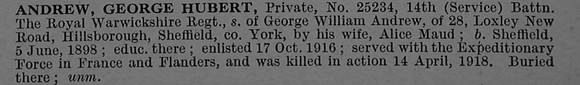 Andrew G H Pte 25234 14th Royal Warwickshire Regiment Obit De Ruvignys Roll Of Honour Vol 4
