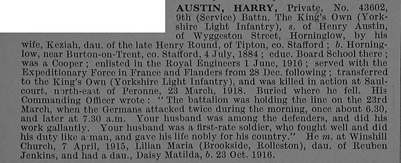 Austin H Pte 43602 9th Kings Own Yorkshire Light Infantry Obit De Ruvignys Roll Of Honour Vol 4
