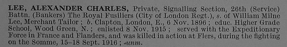 Lee A C Pte 19765 26th Royal Fusiliers Obit De Ruvignys Roll Of Honour Vol 4