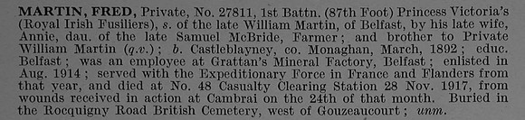 Martin F Pte 27811 1st Royal Irish Fusiliers Obit De Ruvignys Roll Of Honour Vol 4