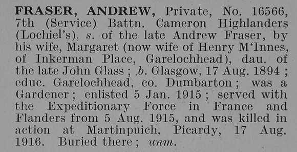 Fraser A Pte 7th Cameron Highlanders Obit De Ruvignys Roll Of Honour Vol 3