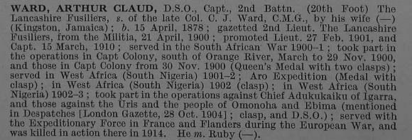 Ward A C Captain DSO 2nd Lancashire Fusiliers Obit De Ruvignys Roll Of Honour Vol 4