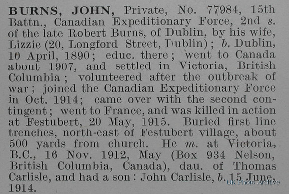 Burns J Pte 77984 15th Canadian Infantry Obituary De Ruvignys Roll Of Honour Vol 1