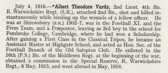 Vardy A T 2nd Lt 2nd  Royal Warwickshire Regiment Obituary Shrewsbury School Roll Of Service 1914-1918 1921