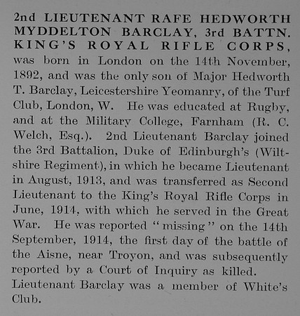 Barclay R H M 2nd Lt 3rd Kings Royal Rifle Corps Obit The Bond Of Sacrifice Vol 1