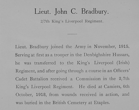 Bradbury J C Lt 7th Kings Liverpool Regiment Obit William Graham Company