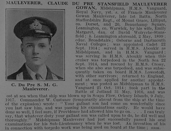 Mauleverer C du P S M G Midshipman HMS Vanguard Royal Navy Obit De Ruvignys Roll Of Honour Vol 5