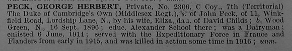 Peck G H Pte 2306 7th Middlesex Regiment Short Obit De Ruvignys Roll Of Honour Vol 4