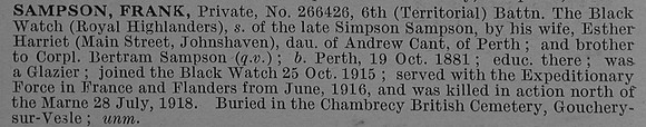Sampson F Pte 266426 6th Black Watch Obit De Ruvignys Roll Of Honour Vol 4