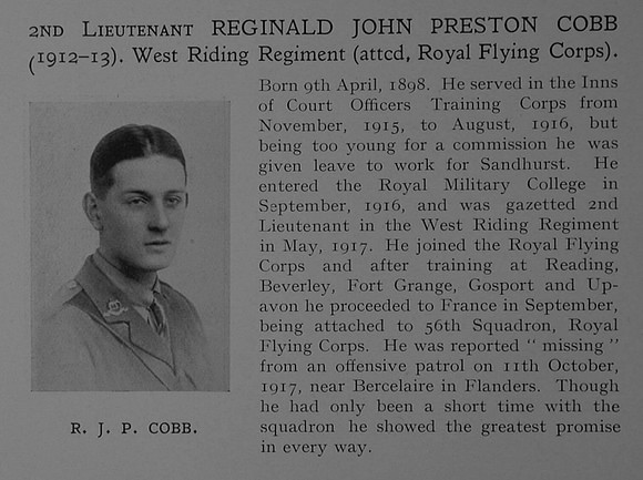Cobb R J P 2nd Lt RFC Obit Dulwich College Roll Of Honour