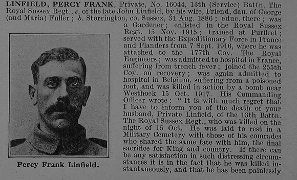 Linfield P F Pte 16044 13th Royal Sussex Regiment Obit Part 1 De Ruvignys Roll Of Honour Vol 4