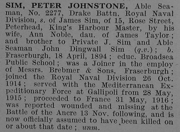 Sim P J AB 2277 Drake Btn Royal Naval Division Royal Naval Volunteer Reserve Obit De Ruvignys Roll Of Honour Vol 4