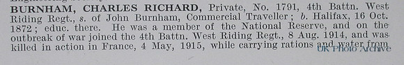 Burnham C R Pte 1791 4th West Riding Regiment Obituary Part 1 De Ruvignys Roll Of Honour Vol 1