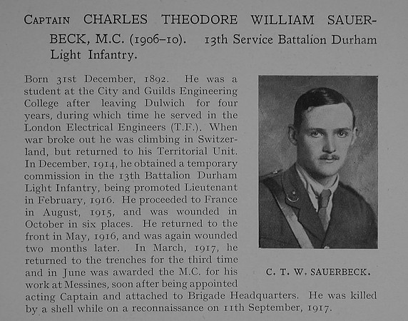Sauerbeck C T W Captain MC 13th Durham Light Infantry Obit Dulwich College Roll Of Honour