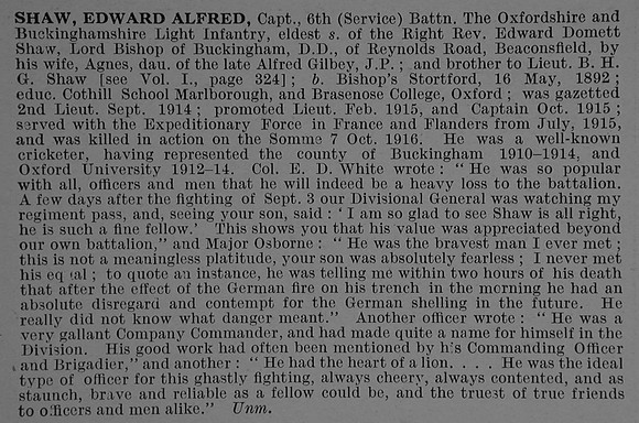 Shaw E A Captain 6th Oxford & Bucks Light Infantry Obit De Ruvignys Roll Of Honour Vol 4