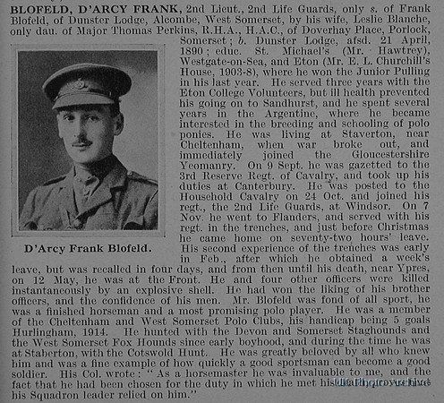 Blofeld D F 2nd Lt 2nd Life Guards Obituary De Ruvignys Roll Of Honour Vol 1