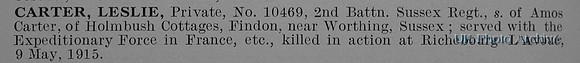 Carter L Pte 10469 2nd Royal Sussex Regiment Short Obituary De Ruvignys Roll Of Honour Vol 1