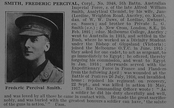 Smith F P Cpl 3948 5th Australian Infantry, A.I.F. Obit De Ruvignys Roll Of Honour Vol 3