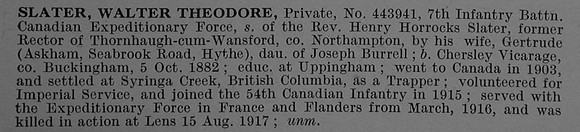 Slater W T Pte 443941 7th Canadian Infantry (British Columbia Regiment) Obit De Ruvignys Roll Of Honour Vol 4