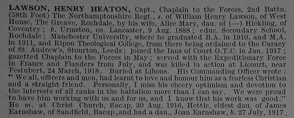 Lawson H H Captain Army Chaplains Obit De Ruvignys Roll Of Honour Vol 4