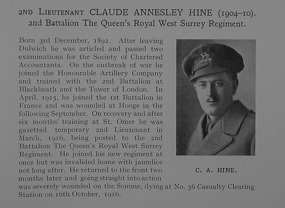 Hine C A 2nd Lt 2nd Queens Royal West Surrey Regiment Obit Dulwich College Roll Of Honour