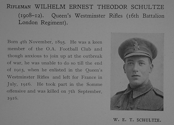 Schultze W E T Rfn 5410 16th London Regiment (Queen's Westminster Rifles) Obit Dulwich College Roll Of Honour