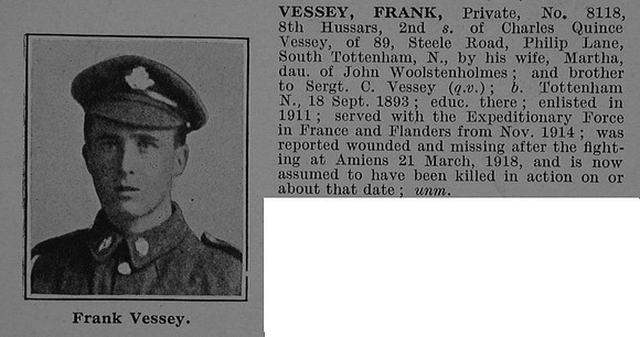 Vessey F Pte 8188 8th Hussars Obit De Ruvignys Roll Of Honour Vol 4
