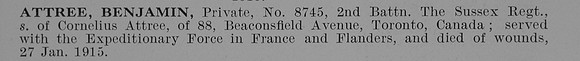 Attree B Pte 8745 2nd Royal Sussex Regiment Obit