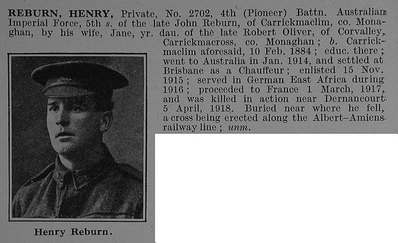 Reburn H Pte 2702 4th Australian Infantry Obit De Ruvignys Roll Of Honour Vol 4