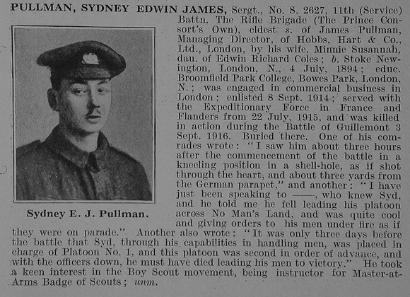 Pullman S E J Sergt 2627 11th Rifle Brigade Obit De Ruvignys Roll Of Honour Vol 3