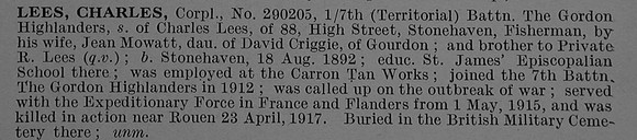 Lees C Cpl 290205 7th Gordon Highlanders Obit De Ruvignys Roll Of Honour Vol 4
