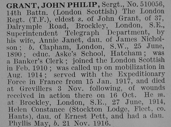 Grant J P Sergt 14th London Regiment Obit De Ruvignys Roll Of Honour Vol 3