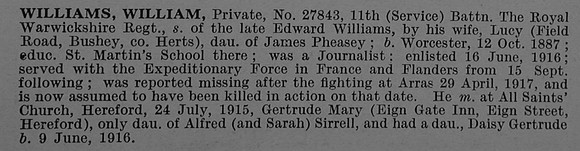 Williams W Pte 27843 11th Royal Warwickshire Regiment Obit De Ruvignys Roll Of Honour Vol 4