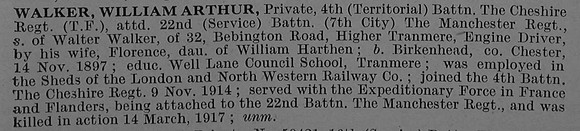 Walker W A Pte 22nd Manchester Regiment Obit De Ruvignys Roll Of Honour Vol 4