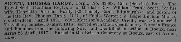 Scott T H Cpl 33368 15th Royal Scots Obit De Ruvignys Roll Of Honour Vol 4